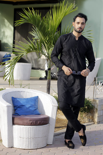 Black Color Black Embroidered Kurta Pajama For Men